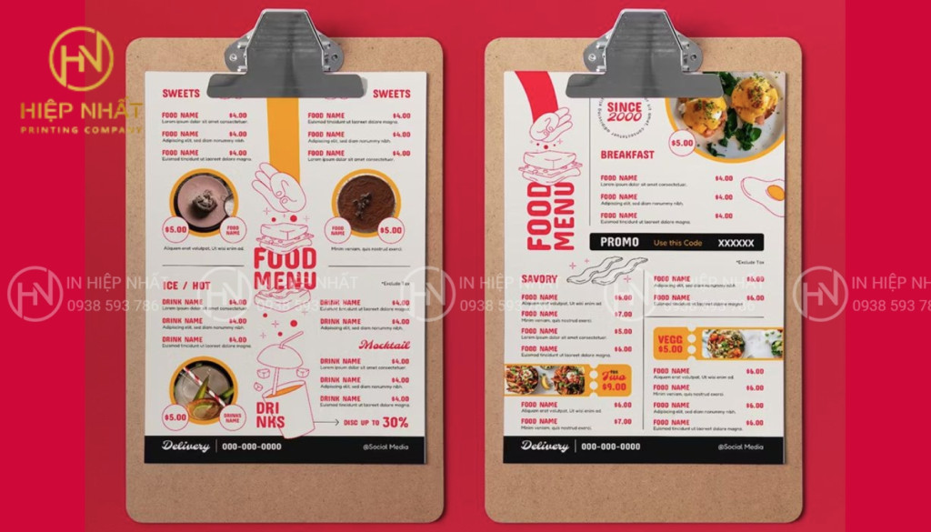 Menu quán phở dạng bìa gỗ