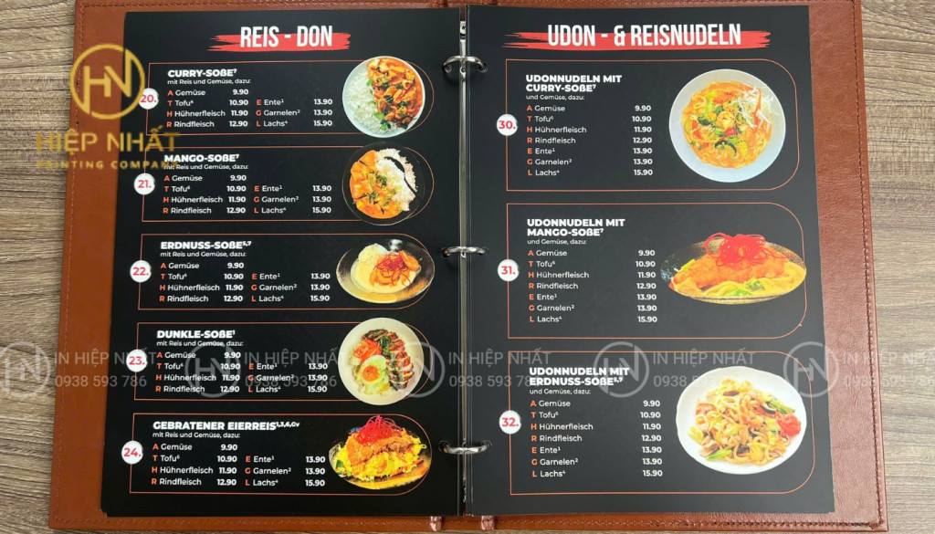 Mẫu menu nhà hàng da gáy còng chuyên nghiệp