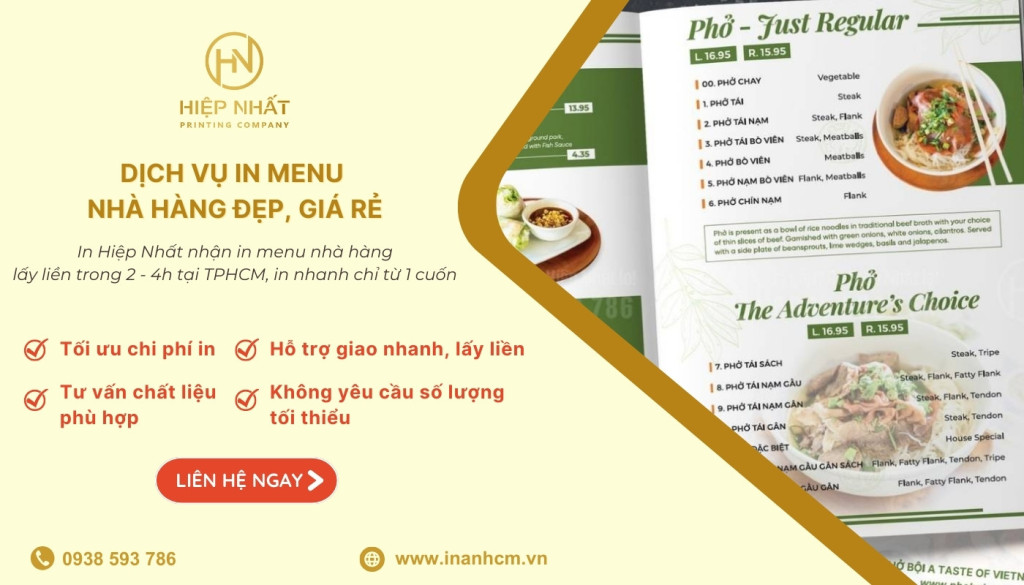 In Hiệp Nhất nhận thiết kế - in ấn thực đơn nhà hàng giá rẻ