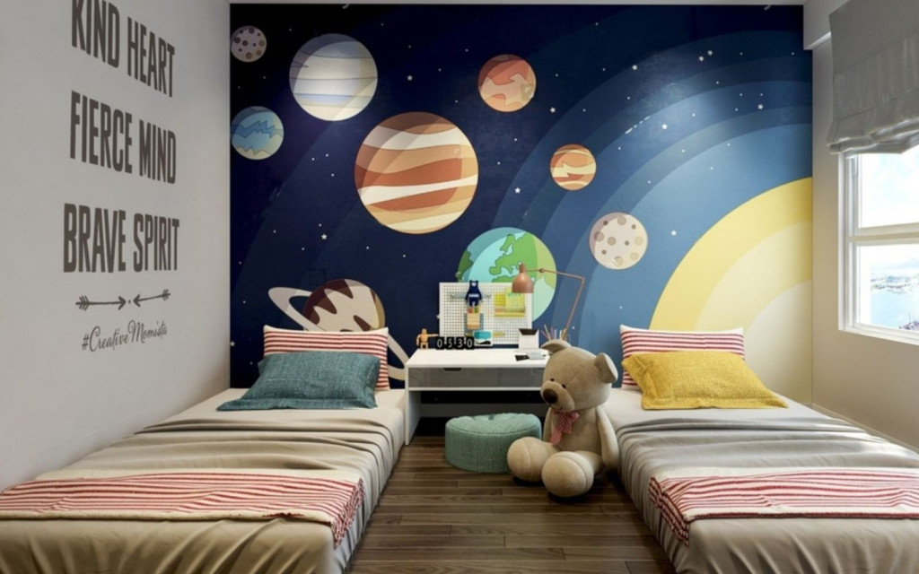 Mẫu in decal dán tường dễ thương concept vũ trụ cho bé