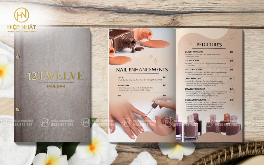 menu tiệm nail bìa gỗ đóng gáy ốc