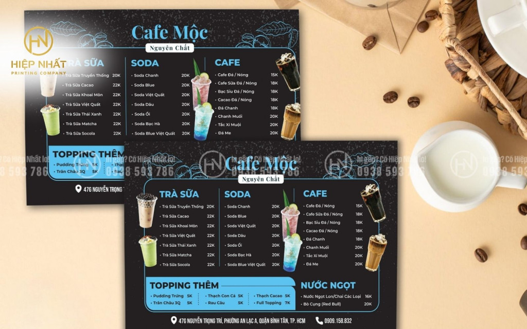 Mẫu menu cafe ấn tượng với tone xanh đen