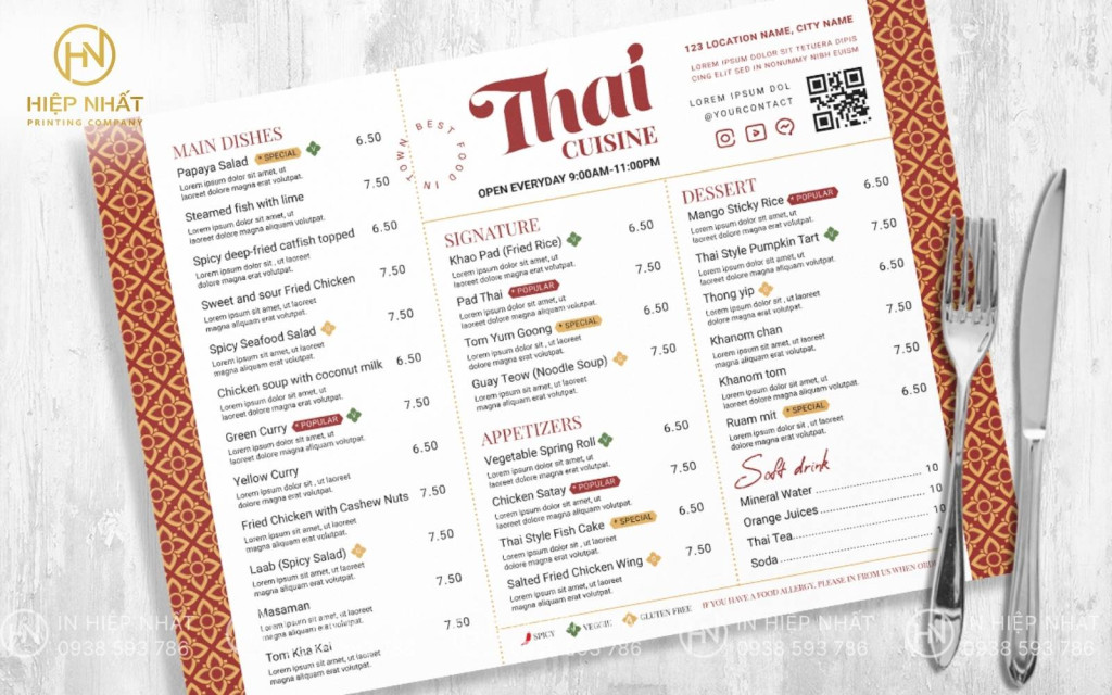Thực đơn Thái Lan với họa tiết truyền thống