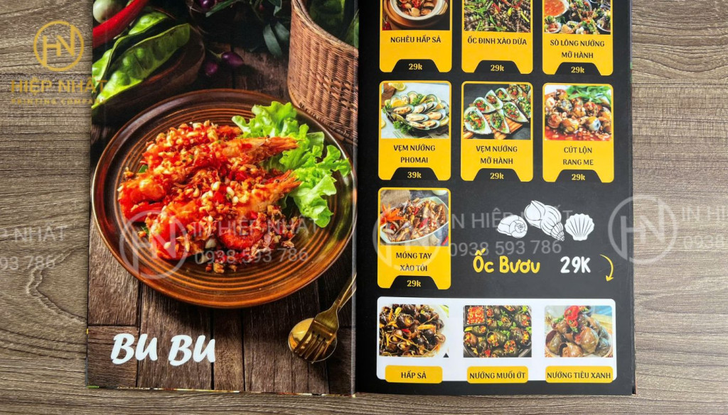 menu quán ốc dạng bìa cứng hiện đại
