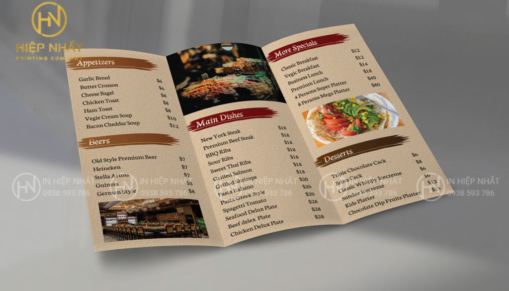 menu quán phở dạng gấp ba