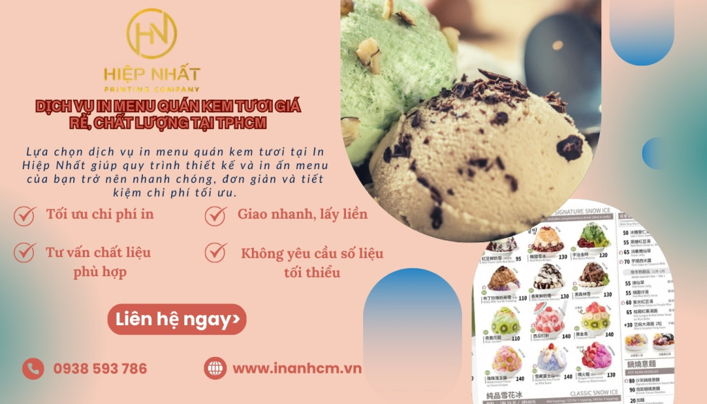 Dịch vụ in menu kem tươi đẹp tại In Hiệp Nhất - chất lượng cao, giá cạnh tranh