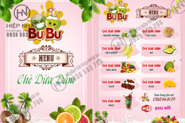 Mẫu thực đơn quán chè tông hồng dễ thương đẹp mắt