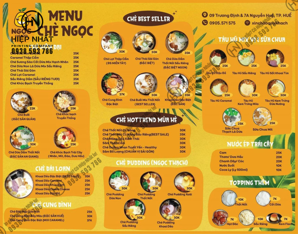 Menu quán chè màu vàng đậm tươi mới