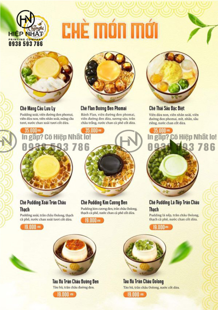Mẫu menu các món chè mới giới thiệu khách hàng