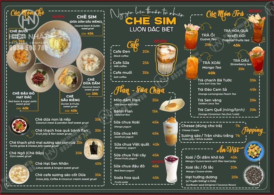 Mẫu menu quán chè Sim tông xanh lá tại In Hiệp Nhất