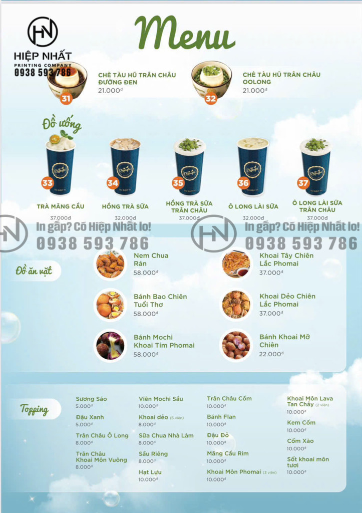 Mẫu menu quán chè tông xanh dương mang cảm giác tươi mát