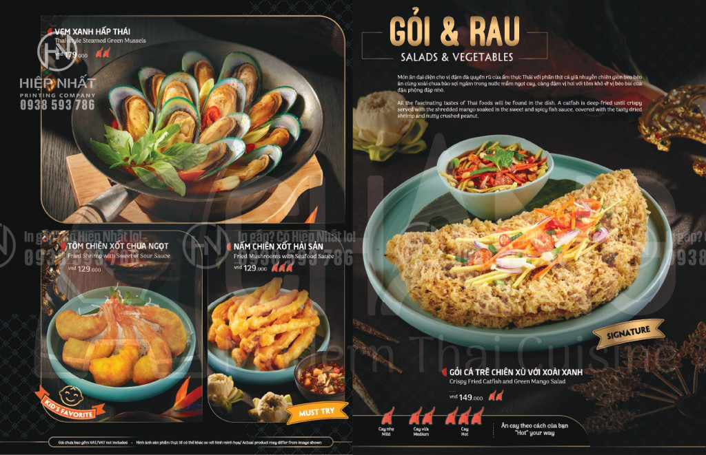 Mẫu menu quán Thái các loại gỏi và rau
