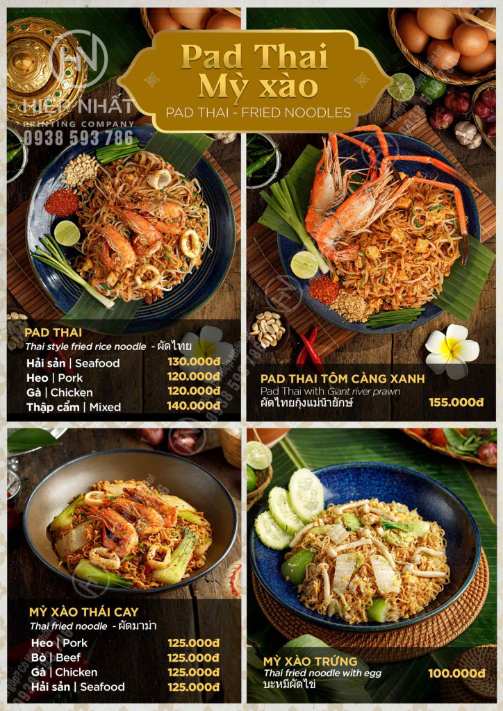 Mẫu menu món Pad Thái mỳ xào thu hút thực khách