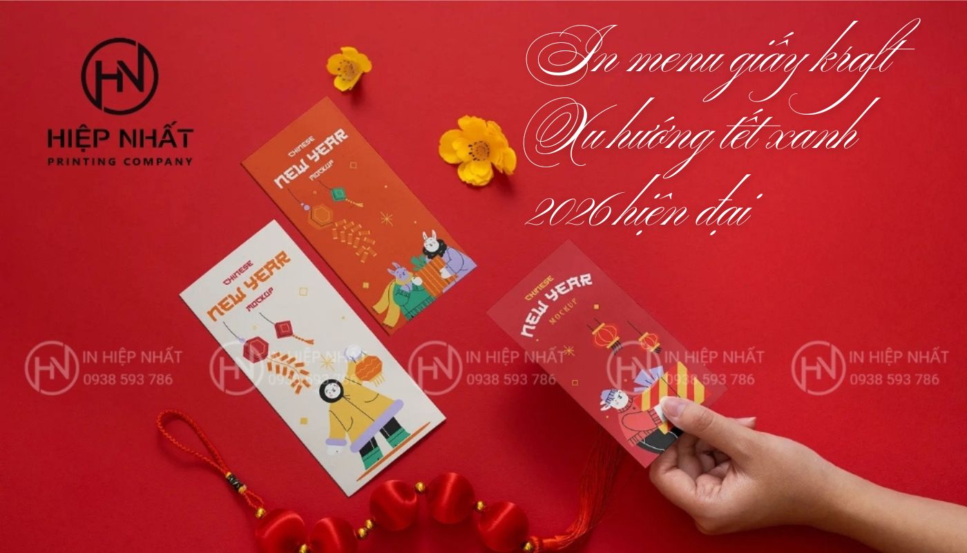 In menu giấy kraft Xu hướng tết xanh 2026 hiện đại
