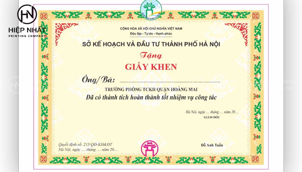 Giấy khen đầy đủ thông tin, rõ ràng và có giá trị pháp lý