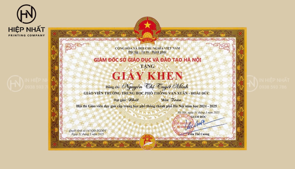 Mẫu giấy khen thưởng giáo viên​ dạy giỏi