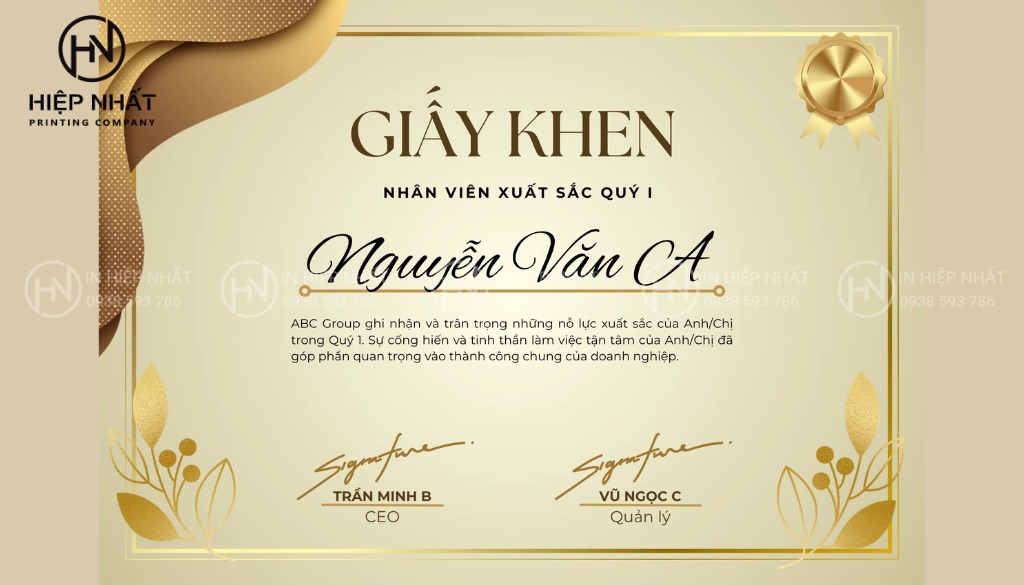 Mẫu giấy khen thưởng nhân viên xuất sắc​ theo quý
