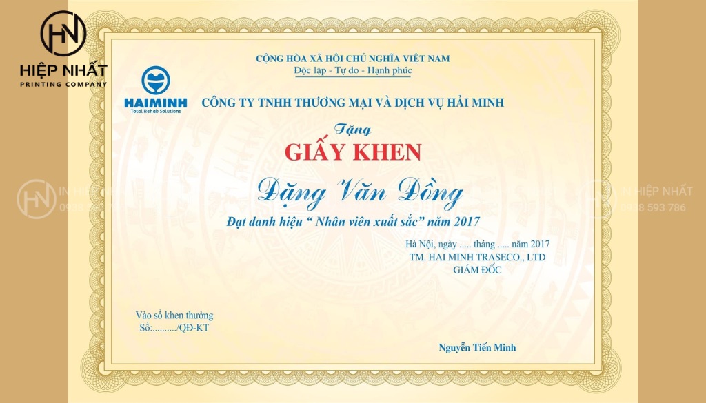 Mẫu giấy khen thưởng cá nhân​ xuất sắc của năm