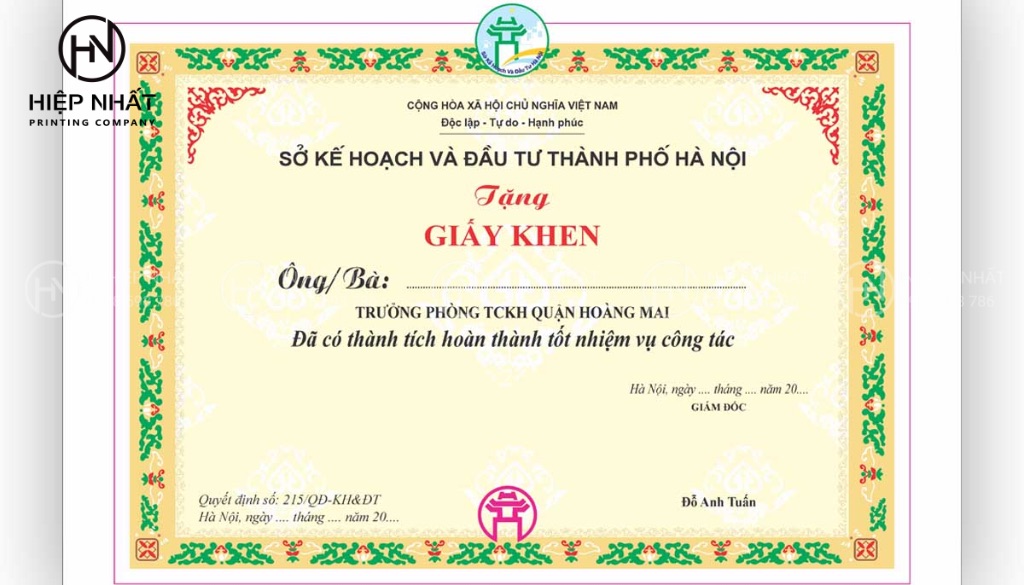 Mẫu giấy khen ghi nhận thành tích cán bộ và công chức trong các hoạt động công tác