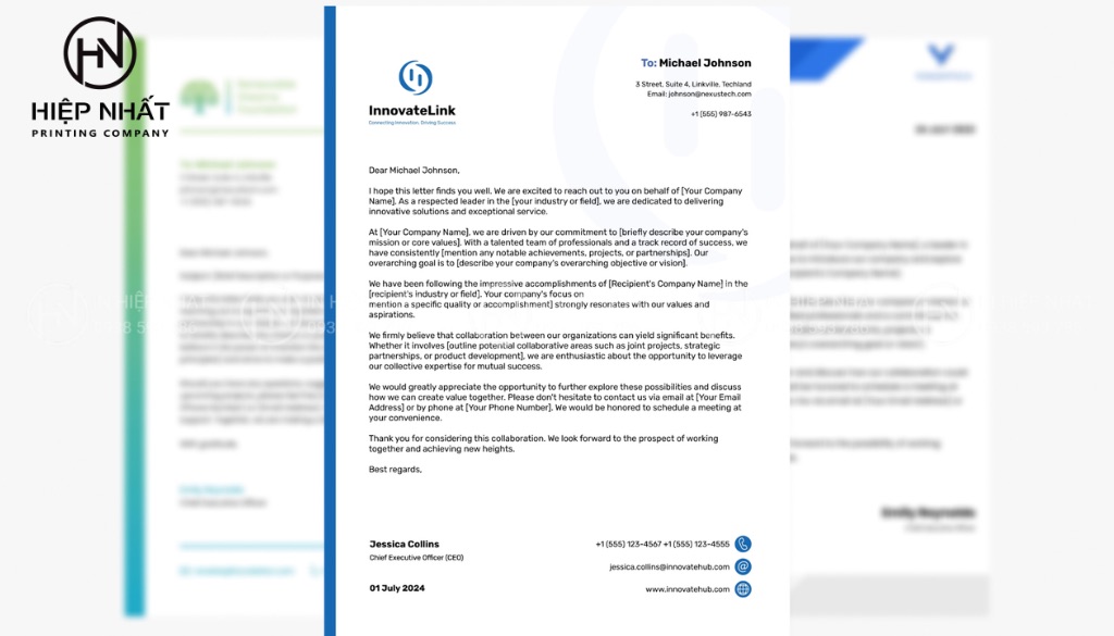 Giấy in tiêu đề công ty với thiết kế hiện đại, tông màu trắng và xanh dương