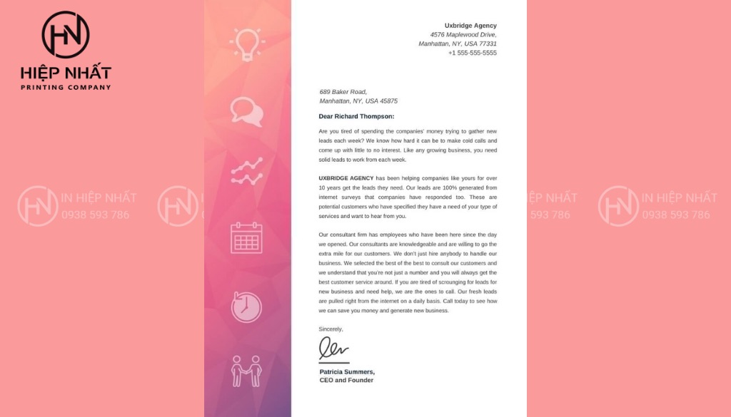 Mẫu giấy tiêu đề công ty màu hồng, có lề nổi bật và thiết kế hiện đại