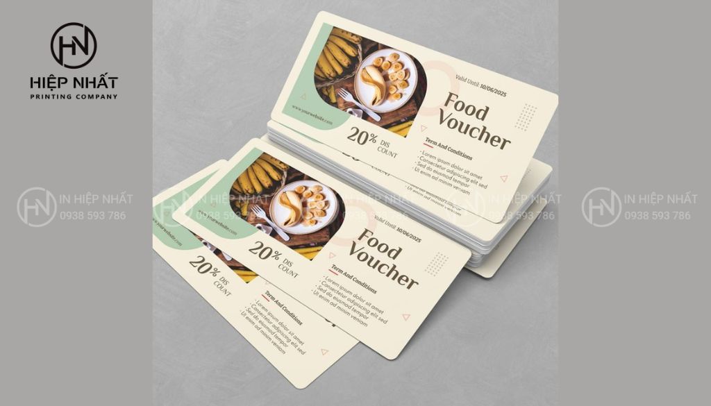 Voucher nhà hàng thể hiện rõ logo, thời gian sử dụng và mã giảm giá