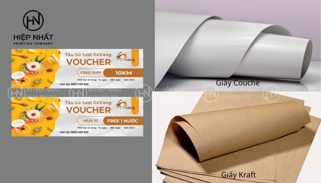 Các loại giấy Couche, Kraft và mỹ thuật thể hiện chất lượng in cao cấp của voucher nhà hàng