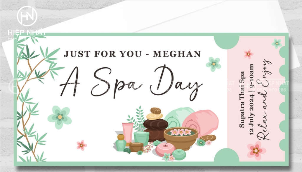Mẫu voucher dạng vé (ticket) phong cách “Spa Day” – phù hợp làm quà tặng trải nghiệm