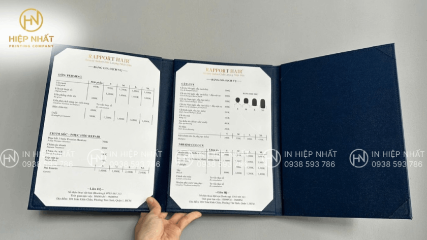 Mẫu in menu bìa da cao cấp cho tiệm tóc
