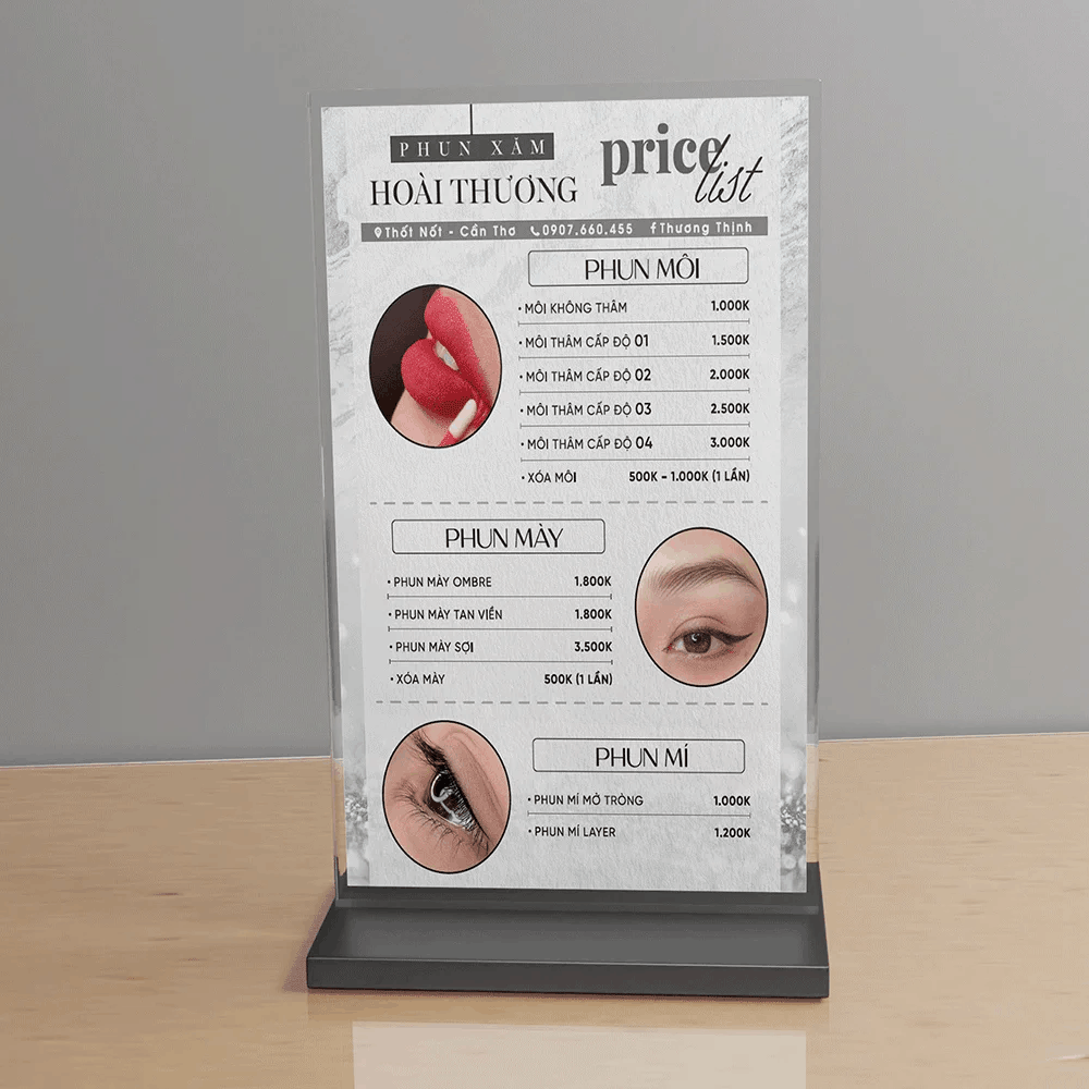 Menu mica phun xăm - bảng giá thẩm mỹ