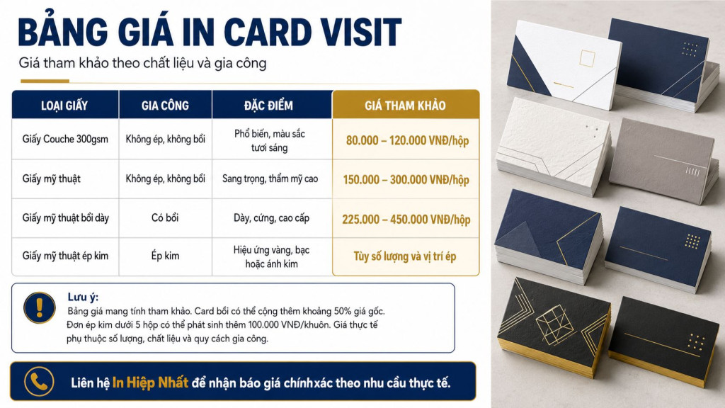 Bảng giá in card visit theo chất liệu và gia công