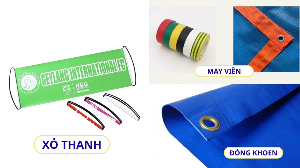 Gia công banner đóng khoen may viền và xỏ thanh