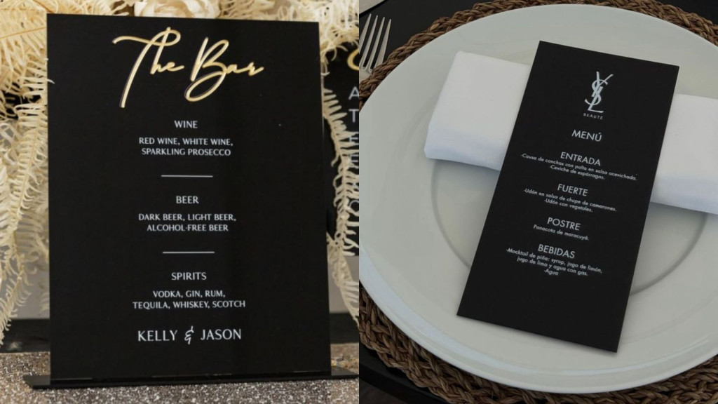 Menu mực trắng kết hợp ép kim trên nền đen