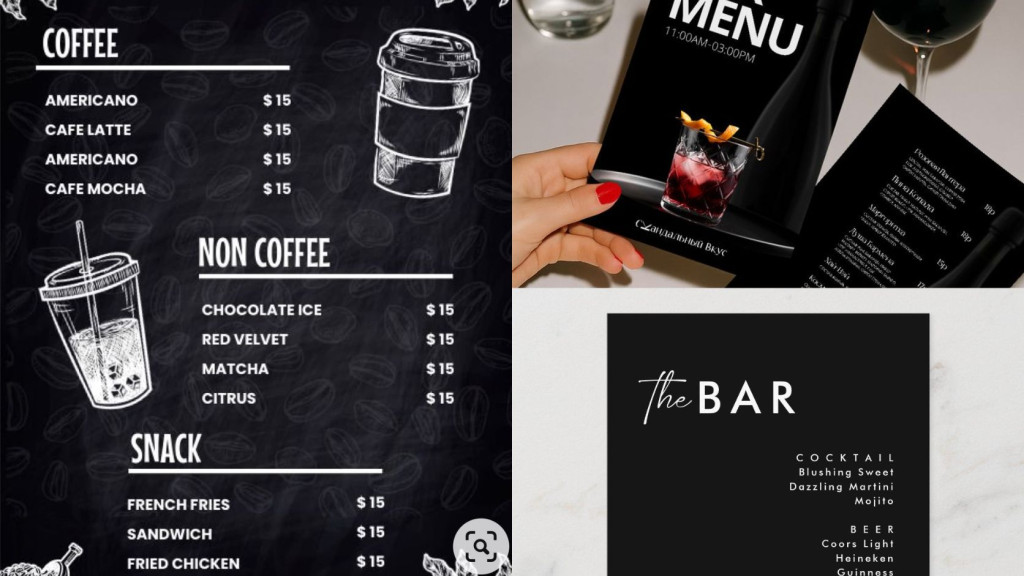 Menu giấy đen cho nhà hàng bar lounge và cafe